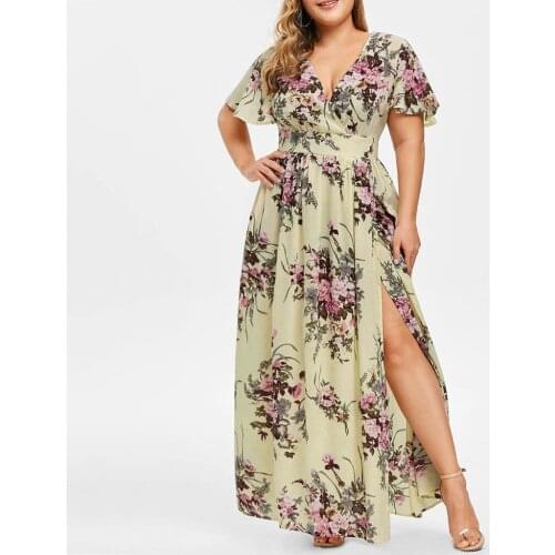 Summer Woman Maxi Dress Bohemian Chiffon Floral Print V-Neck Short Sleeve Beach Casual Loose Big Wing Long Shirt Dress L-5XL