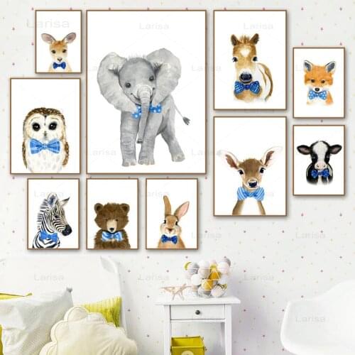 Cute Animals Baby Kids Room Decor Poster Tie Fox Leopard Cows Wall Art Canvas Painting Nursery Picture for Children Room