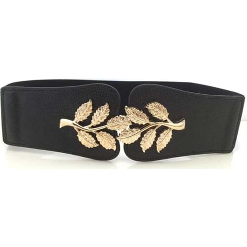 New Fashion Elastic Metal Leaf Buckle Belts for Women Dress Accessories Retro Waistband Blue Pink White Black Adult Belt