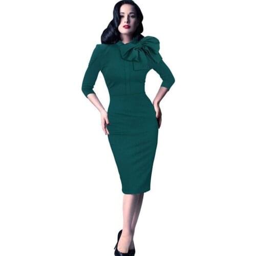 Autumn Winter Vintage Brief Elegant Casual Work 3/4 Sleeve Dress Bodycon Slim Women Office Pencil Dress with Bow