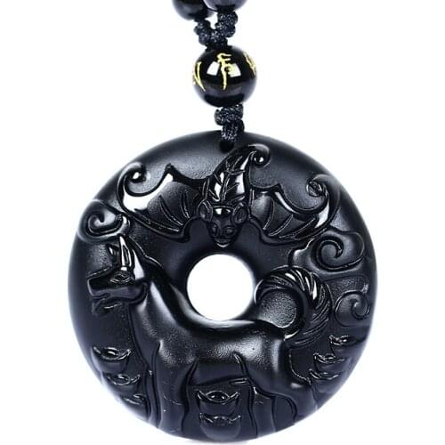 Natural Black Obsidian Beads Necklace Hand-Carved Zodiac Horse Safety Button Jade Pendant Jewelry Trendy Amulet Lucky Gifts