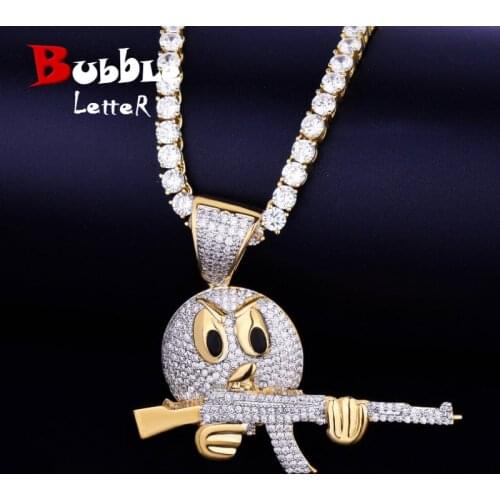 Cartoon Round Face With Gun Necklace & Pendant Gold Color Cubic Zircon Mens Hip Hop Rock Jewelry