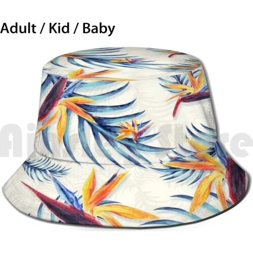 Tropical Pattern Bucket Hat Adult kid baby Beach Sun Hats Tropical Blue Orange Tropic Palms Palm Leaf Leaves Flower Bird