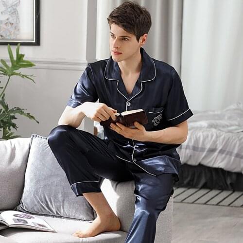 Pajama Sets Male Summer Short Sleeve Long Pants Thin Ice Silk Plus Size Imitation Real Silk Sleepwear Man Spring Autumn X9008