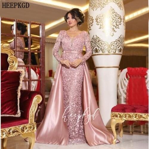 Dusty Pink Lace Long Sleeves Mermaid Evening Dress Detachable Train V Neck Plus Size Middle East Muslim Prom Party Dresses