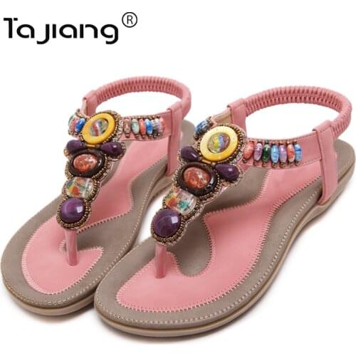 Tajiang Authentic New European and American ladies beaded sandals summer fighter sandals beach flat sandals T148-A5
