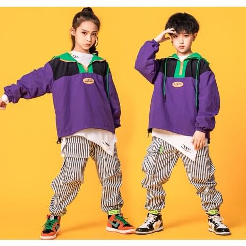 Kids Hip Hop Clothing Sweatshirt Tops Jacket Striped Streetwear Tactical Cargo Pants for Girls Boy Carnival Party Dance Costumes