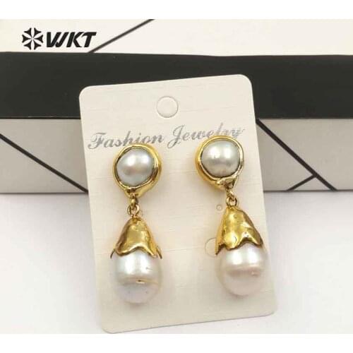WT-E470 WKT Exlusive! Elegant lady girl earrings natural boroque pearl drop earrings flower bud pendant & round stud for gift