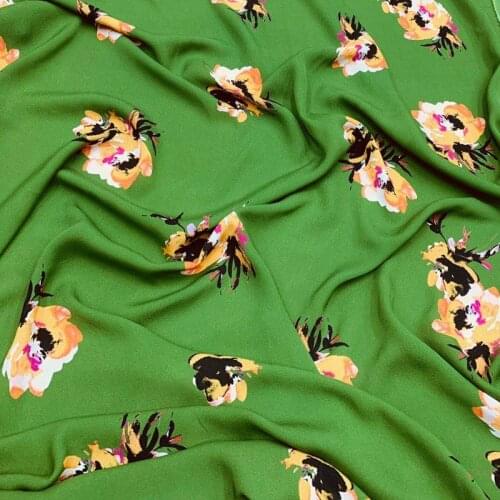 140CM Wide 19MM Floral Print Green Silk Crepe Fabric for Summer Dress Shirt Cheongsam Suit Pants G040