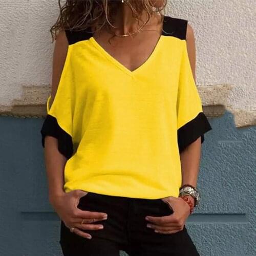 Sexy Off The Shoulder V Neck Patchwork Blouse Tops Summer Women Short Sleeve Loose Blouse Shirt Casual Blusas Plus Size 5XL