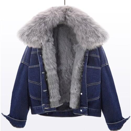 Natural Fox Fur Collar Coat Real Rabbit Fur Liner Denim Jacket Women Winter New Warm Short Real Fur Parkas Jeans Coat WY277