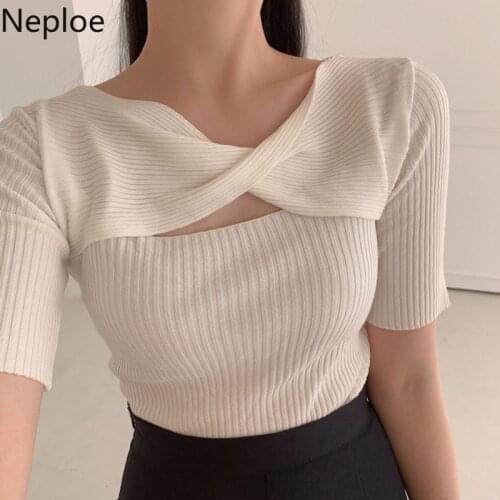 Neploe Ropa Mujer Woman Tshirts Korean Chic Hollow Out Bow Knitted Shirts for Women Slim Fit Short Summer Knitwear White Tops