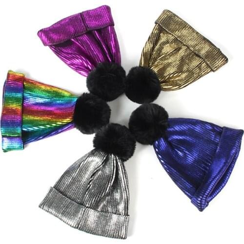 British Multicolor pom pom knitted beanies caps Women casual metallic skullcap Hip hop warm hats gorros