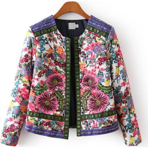 2021 Spring And Autumn New Fashion Embroidery Flower Print Short Design Wadded Jacket Female Casual Coats Vintage Cotton-padded