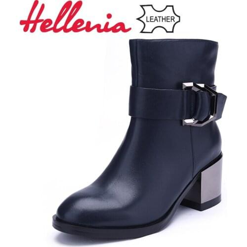 Hellenia New Fashion European Style Ankle Boots Pointed Toe Zip Martin Boot Geniune Leather Spring Autumn Short Plush shoe