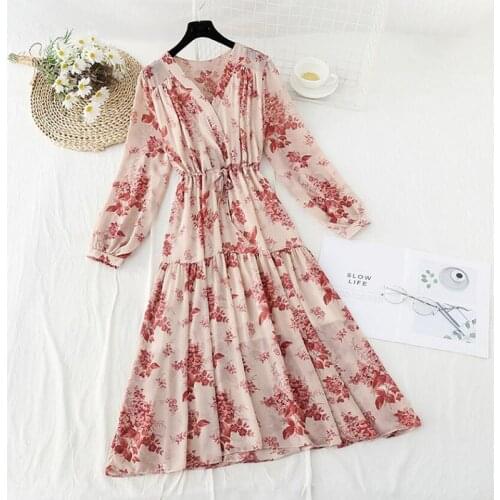 Printing Floral Pleated Chiffon Women Dress 2021 Spring Hot Elegant V-Neck Lace-up Casual Long Dress Loose Ruffle Vestidos