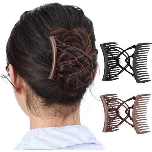 1/2Pcs Stretchy Knotted Double Comb Hair Clip Adjustable Elastic No Crease Hairpins Women Girls Updo Ponytail Holder Barrettes