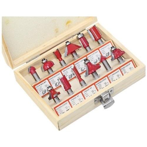 12PCS 8mm Shank Tungsten Carbide Router Bit Set Wood Woodworking Cutter Trimming Knife Forming Milling w/ Wood Case box
