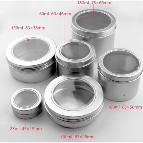 25ml/60ml/100ml/150ml/180ml Aluminum Cosmetic Cream Jar Window Cap Metal Jars Aluminum Box Packing Tins Container SN237