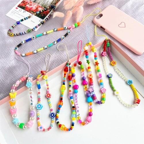 1pc Handmade Flower Heart Beads Mobile Phone Chain Fashion Ethnic Colorful Fruit Stars Beaded Wristband Keychain Gift Jewelry