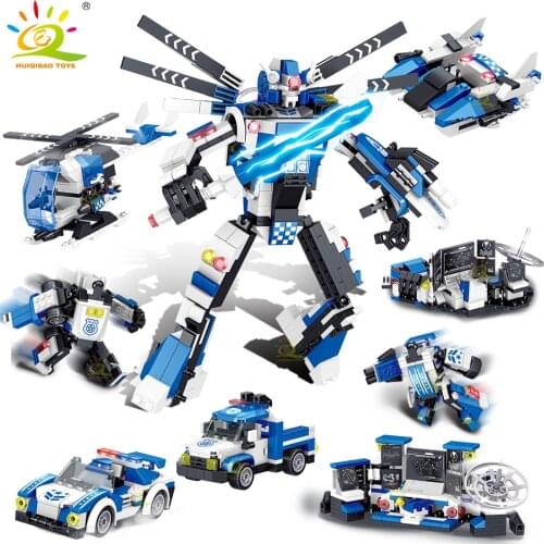 HUIQIBAO 4in1 620PCS Police Transformation Robot Building Blocks City Car Truck Mecha DIY Construction Bricks Toy For Children