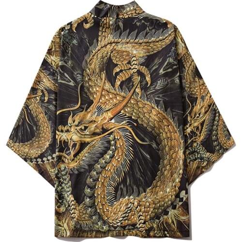 Chinese Style Golden Dragon Kimono Harajuku Men Women Japanese Streetwear Traditional Cardigan Yukata Male Haori Obi Clothes