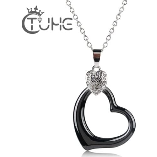 Classic Heart Women Pendant Necklace With Bling CZ Crystal Heart Shape Never Fade Black Ceramic Heart Necklace For Women Gift