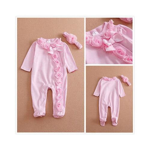2pc Pink Long Sleeve Newborn Baby Girls Romper Headband Clothes Outfits Set 0 to7M