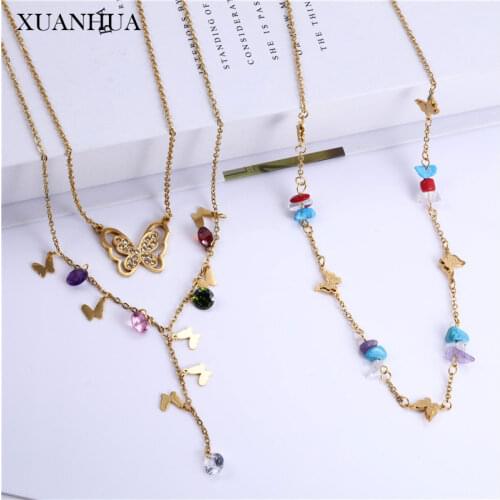 XUANHUA Butterfly Necklace Earrings Set Multi Layer Necklace Stainless Steel Jewelry Woman Accessories Fashion Jewelry Sets