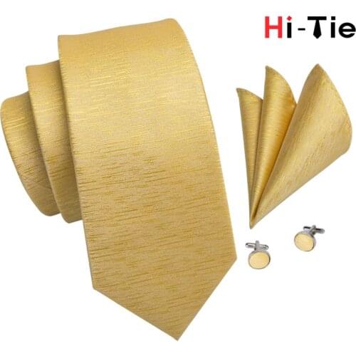 Men Silk Ties Solid Yellow Necktie Gold Neck Tie Handkerchief Cufflinks Set Formal Cravat Gift for Wedding Party Hi-Tie C-3251
