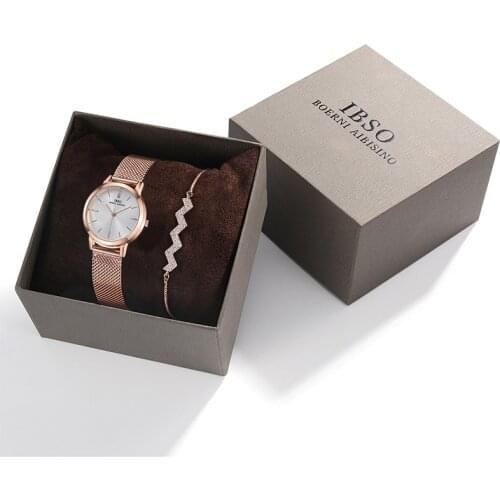 IBSO Womens Watches Bracelet Set 8mm Ultra thin Silver Mesh Stainless Steel Strap Quartz Clock Hours Sets Ladies Birthday Gift