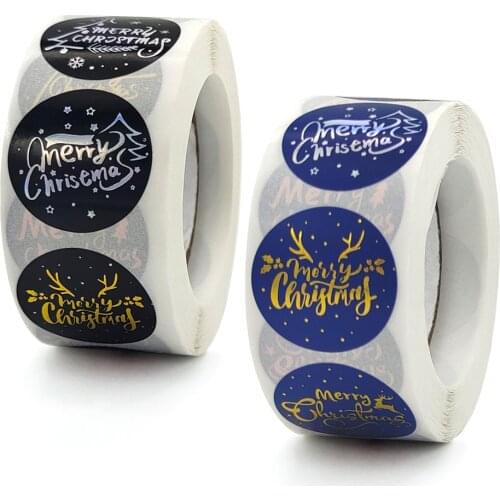 Gold Foil Merry Christmas Stickers 500pcs Black Round Seal Labels for Christmas Gift Card Envelope Holiday Wedding, Party Favors