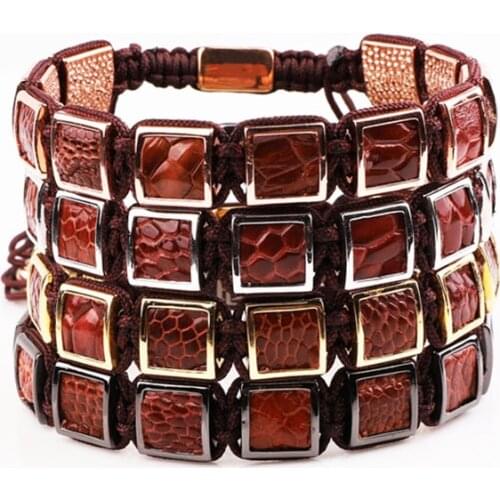 New Classic Brown Leather Brass Square Handcraft Braided Beaded Macrame Bracelet Men Jewelry