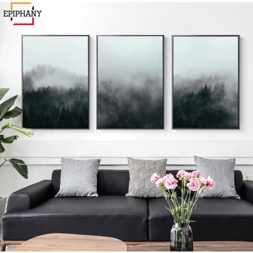 Nordic Decoration Forest Lanscape Wall Art Canvas Poster Print Mountain Fog Canvas Painting Decorative Picture for Living Room