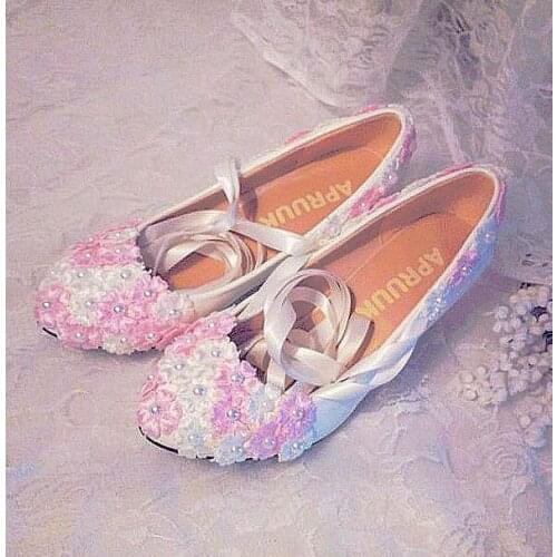 PINK white lace pumps shoes women party daincing proms dress ankle satin riband straps pink white lace flower dinner pumps