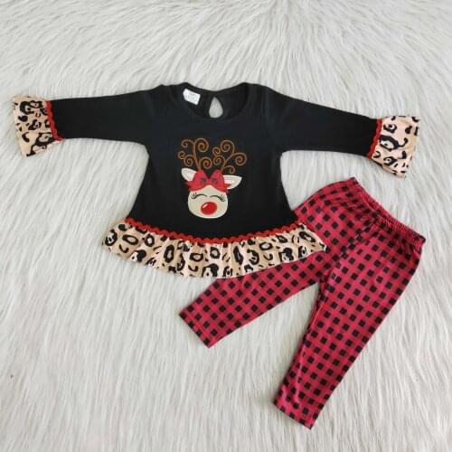 RTS wholesale Cute Little Toddler Girls Embroidery Deer Tops Outfits Boutique Kids Christmas Clothing-Sets