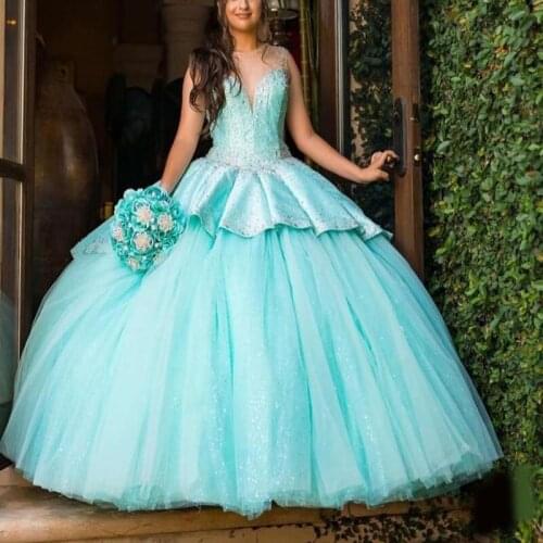 Blue Quinceanera Dresses Crew Neck Bead Top Ruched Satin and Tulle Skirt Girls Sweet 15 Prom Dress