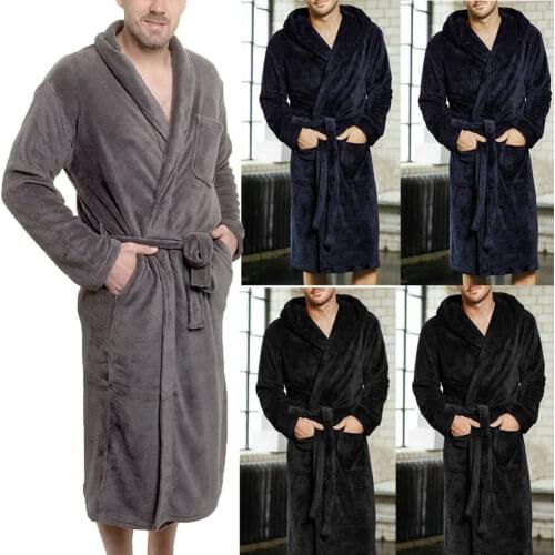 Thick Flannel Mens Bath Robes Gentlemen Homewear Super Soft Fleece Dressing Gown/Bath Robe Black Blue Grey Green Medium-2XL