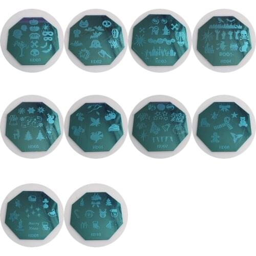 1PC HD01-10 Octagonal Shape Blue Film Nail Art Stamping Image Plate Stainless Stamping Plate Christmas and Halloween Series