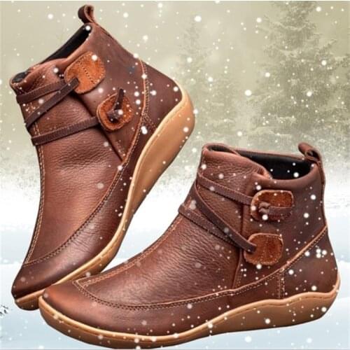 Women PU Leather Ankle Boots Women Autumn Winter Cross Strappy Woman Punk Boots Flat Short Boots Plush Vintage Mujer Botas