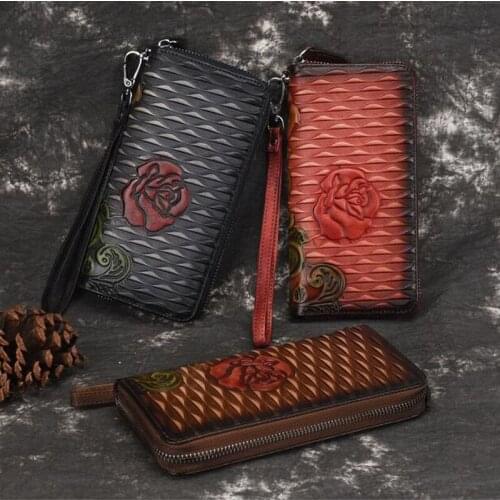 3D Embossing Genuine Leather Women Wallet Zipper Vintage Flower Long Wallet Women Purse Ladies Clutch Female Real Leather Wallet