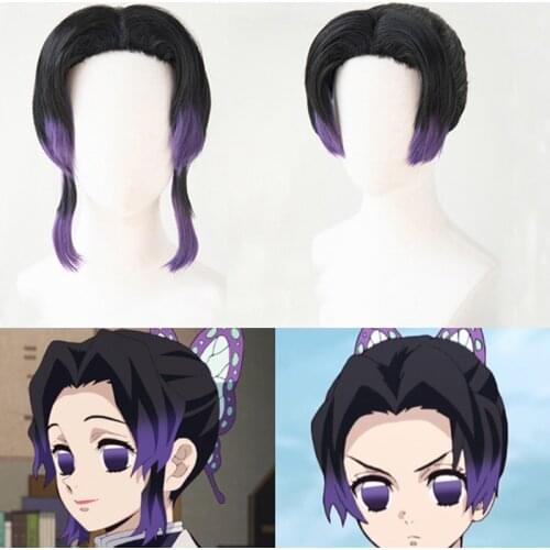 Demon Slayer: Kimetsu no Yaiba Kochou Shinobu Cosplay Wig Women Black Purple Synthetic Hair Wigs+ Free Wig Cap