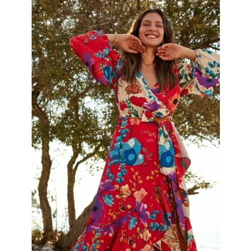 Women Ecru Floral Printed Belted Midi Anvelop Dress Spring Summer Beach Holiday Casual Bohemian Style Dresses 2021 New
