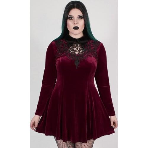 PUNKRAVE Womens Gothic Dark Night Vines Dress Gorgeous Fashion Hollow A Line Mercerized Velvet Long Sleeve Dress