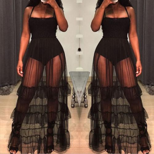 New Women Mesh Sheer Lace Tutu Long Maxi Dress Ladies Sundress Summer Vestidos Perspective Ruched Swing-type Sleeveless Dresses