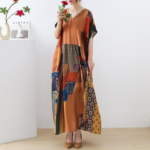Hot Boho Chiffon Dress Long Dress Women Casual V Neck Short Sleeve Retro Printed Hem Beach Dresses Elegant Sundress Robe Femme