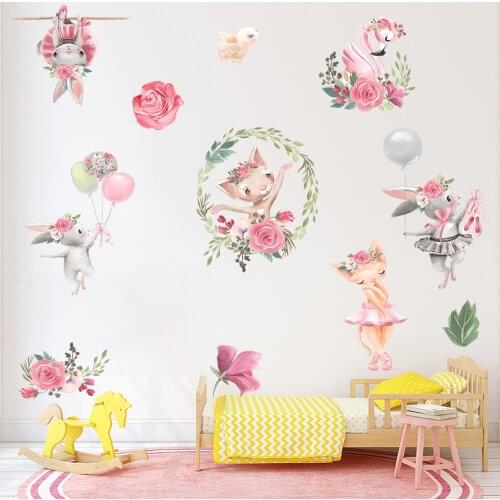 2021 Flower Stickers Cute Grey Bunny Ballet Rabbit Wall Stickers for Kid Room Nursery Wall Decal Girl Room Home Decor