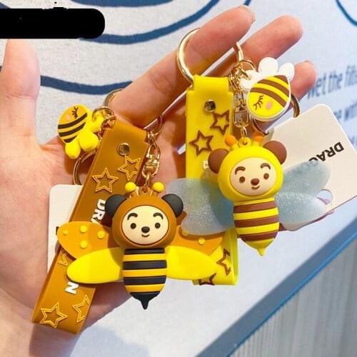 Cute insect Cartoon bee Keychain Fashion geometric honeycomb bee Girls Phone Bag Bacpack key ring chain bumblebee Gift