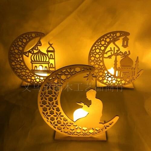 Wooden DIY Muslim Islamic Palace Desktop Ornaments with LED Candle Light for Ramadan Eid Mubarak Decoration Gift