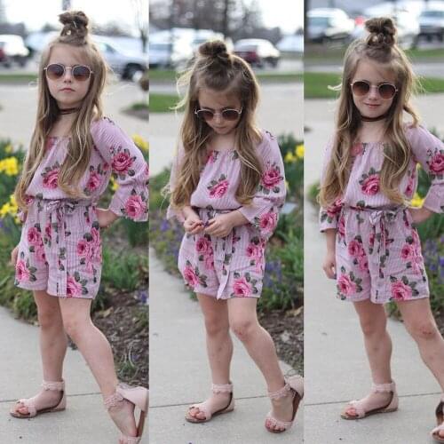 Rose Pattern Striped Girls Summer Dress Toddler Jumpsuit Cotton Fashion Vasual Children Kids Outfits